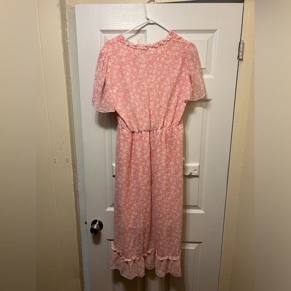 Women's Spring Summer Casual Deep V Neck Ruffle Short Sleeve Floral Midi Dress - Picture 9 of 10